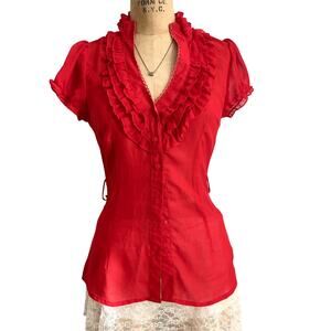 Twenty One Red Ruffle Button-Up Blouse Romantic Y2K Size Medium